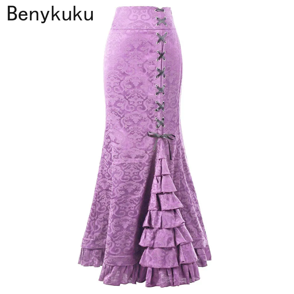 

Steampunk Retro Floral Jacquard Victorian Long Skirts Womens Court Vintage Ruffles Lace Up Medieval Costume Mermaid Maxi Skirt