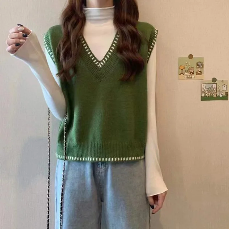 

Korean Style Fashion Loose All-Match Women's Knitted Top 2022 Fall New Sweater Women's V-neck Sweater Vest Femme