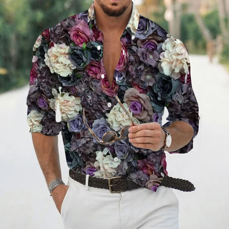 Spring and Autumn New Men's Slim Shirts Long Sleeve Floral Digital Printing Shirts Men's Social Men's Club Prom Shirt S-4XL