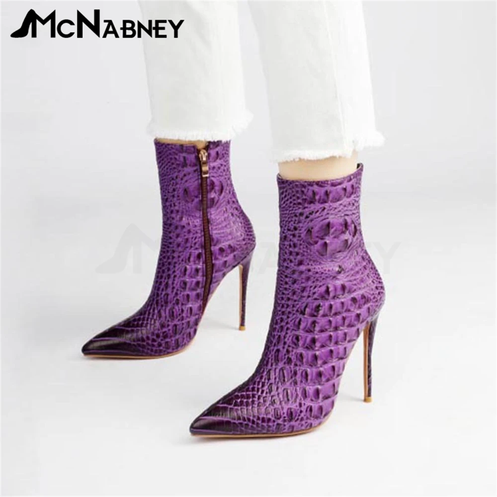 Купи Crocodile Decorated High Heels Pointed Toe Ladies Boots Zipper Decorated Short Boots Leather Fashion Modern Boot Fine Heel Boots за 5,999 рублей в магазине AliExpress