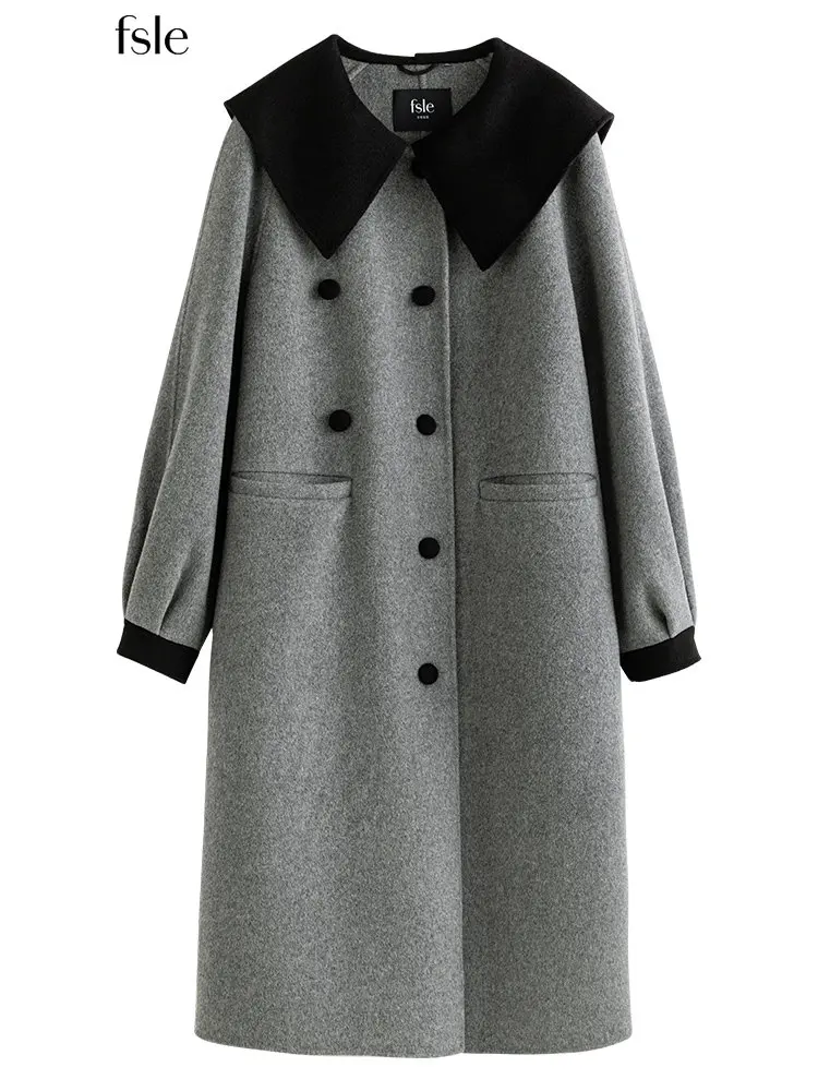 

FSLE 100% Wool Contrasting Color Design Women Navy Collar Double Breasted Temperament Long Woolen Jackets Retro Brown Wool Coats