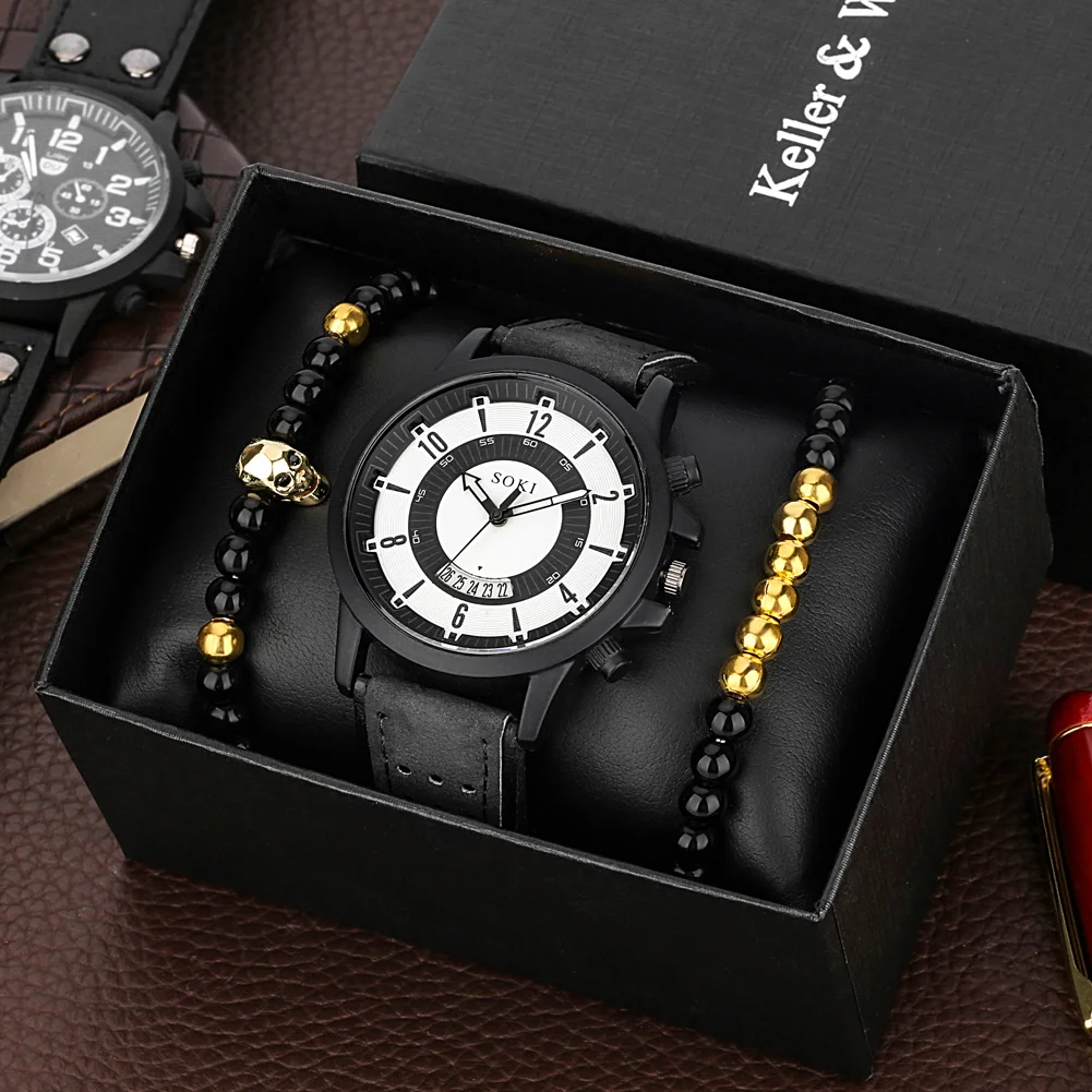 

Premium Gift Watch Set for Dad Boyfriend Husband Classic Black Quartz Leather Watch Cool Skull Elastic Bracelet Best Gift to Men