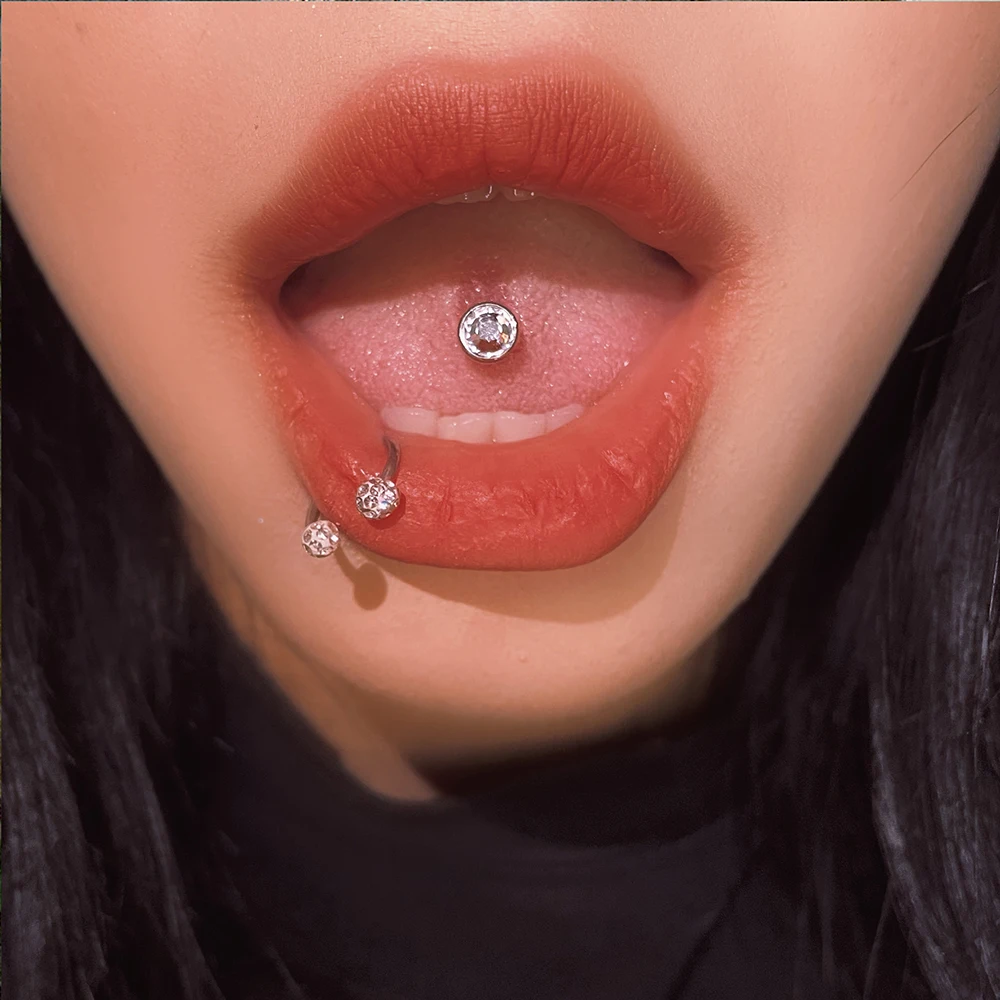 

1PC Anti-Allergy Surgical Steel Tongue Rings For Women Flat Zircon Internal Threaded Tongue Barbells Piercing Body Jewelry 14g