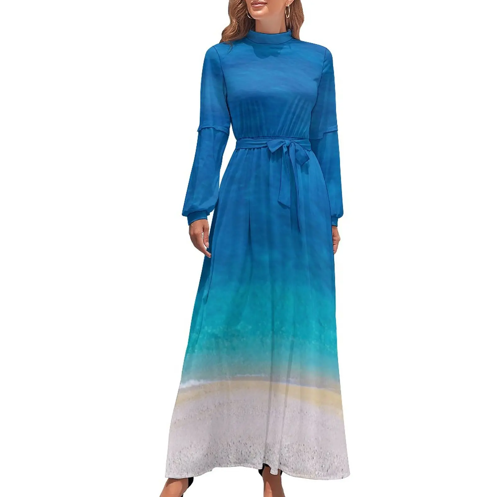 

Mediterranean Beach Dress Blue Ocean Print Kawaii Custom Maxi Dress High Waist Long-Sleeve Stylish Bohemia Long Dresses