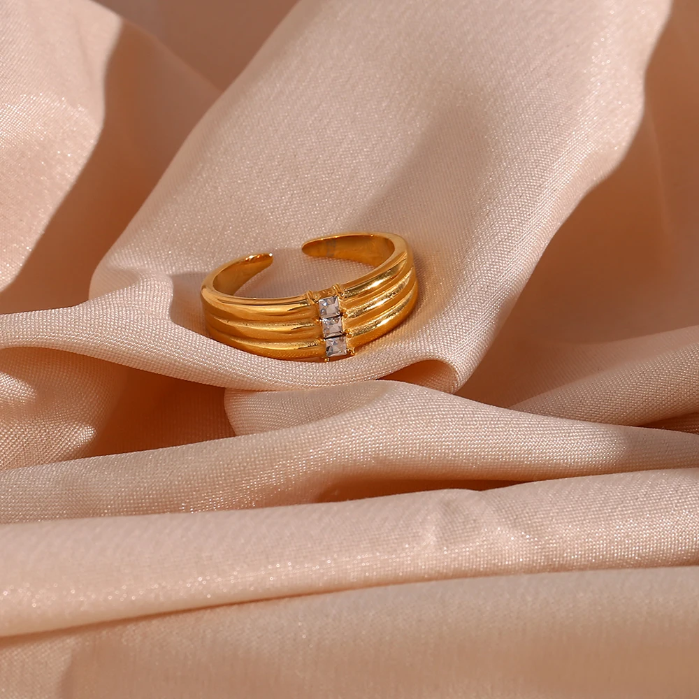 

E.B.belle Stainless Steel Jewelry Open Size Small Shiny Zircon Stone Filled Three Layers Gold Color Rings For Women