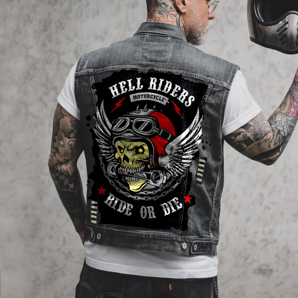 

Men's spring and autumn new hot selling street motorcycle riding rock punk personality skull pattern sleeveless vest denimjacket