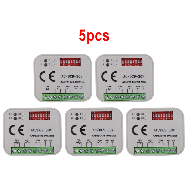 

5PCS Universal Garage Door Receiver RX Multi 300-900MHz AC/DC 9-30V Gate Remote Control Switch Module Relay For 433MHz 868MHz