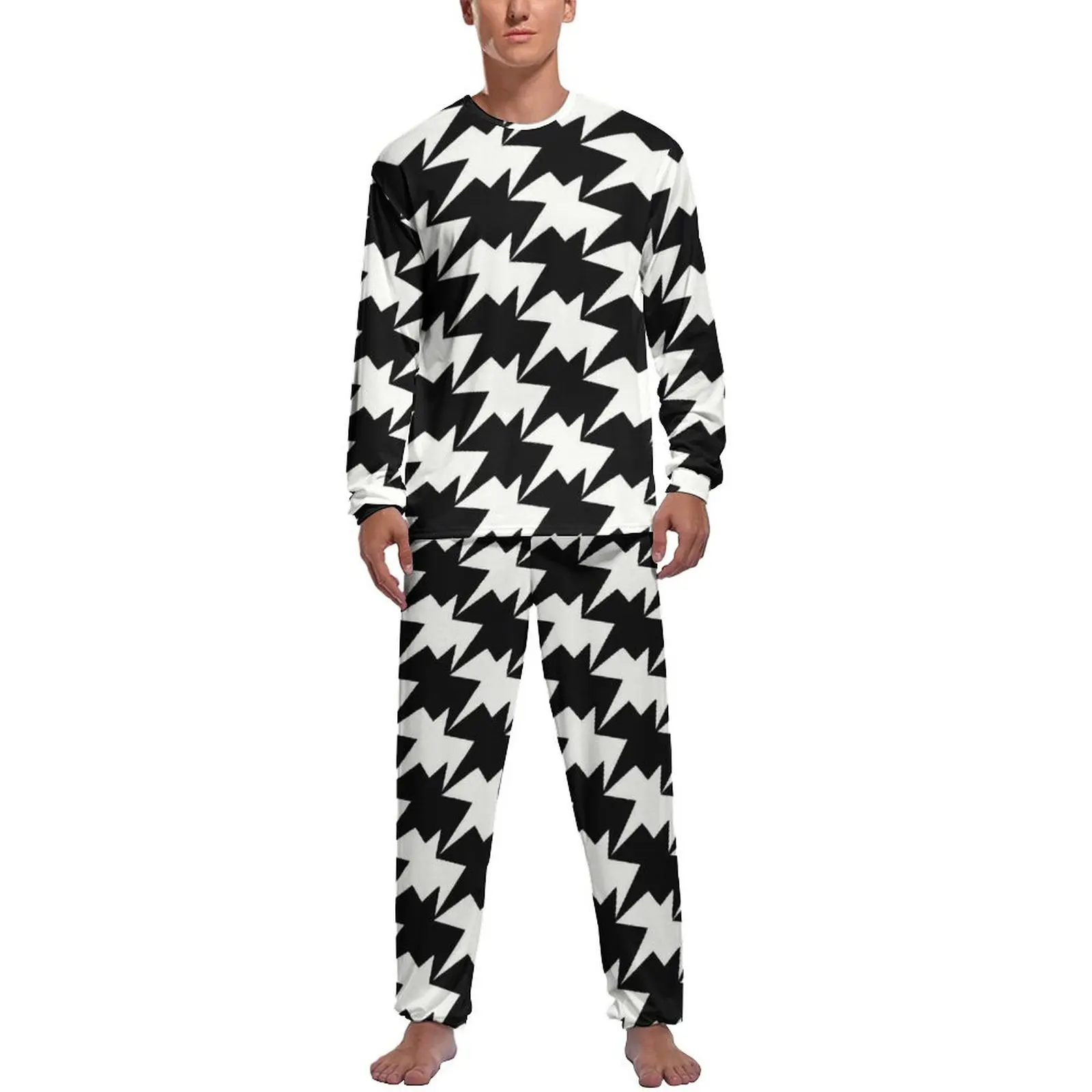 

Houndstooth Graphic Pajamas Long Sleeves Modern Abstract Design 2 Pieces Night Pajamas Set Autumn Man Design Trendy Sleepwear