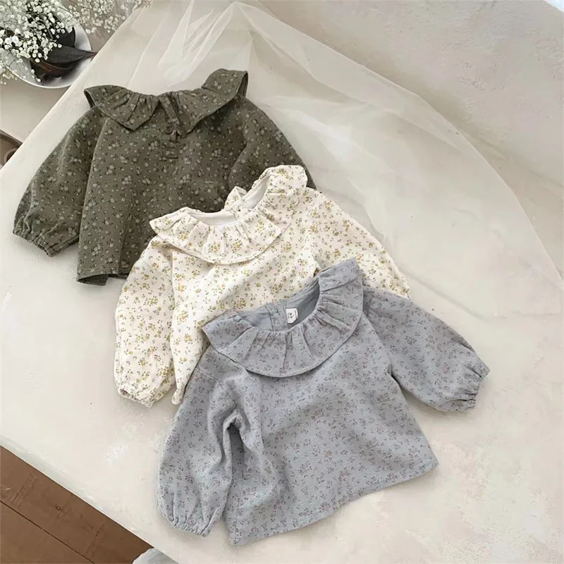 

2023 New Baby Girl Long Sleeve Shirts Cotton Infant Floral Tops Toddler Bottoming Tops Girls Loose Peter Pan Collar Blouse