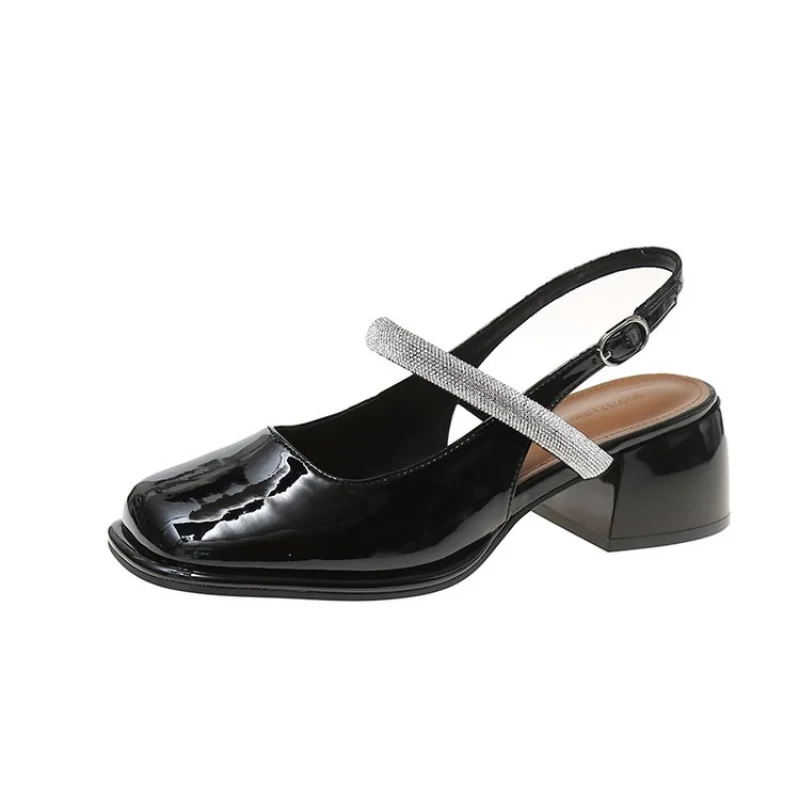 

2023 Summer New Solid Color Rhinestone Buckle Back Strap Square Head Shallow Mouth Sandals Women's Versatile Single Shoes Women