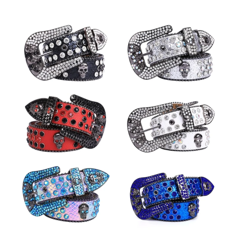 

50JB Head Skull Buckle Belts Women Pu-leather Strap Buckle Belts Western Cowboy Y2k Girls Fashion Belt for Jeans