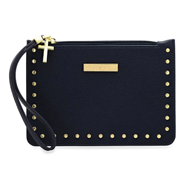 

Ladies Gold-Tone Studded Navy Spanish Lord's Prayer PU Wristlet