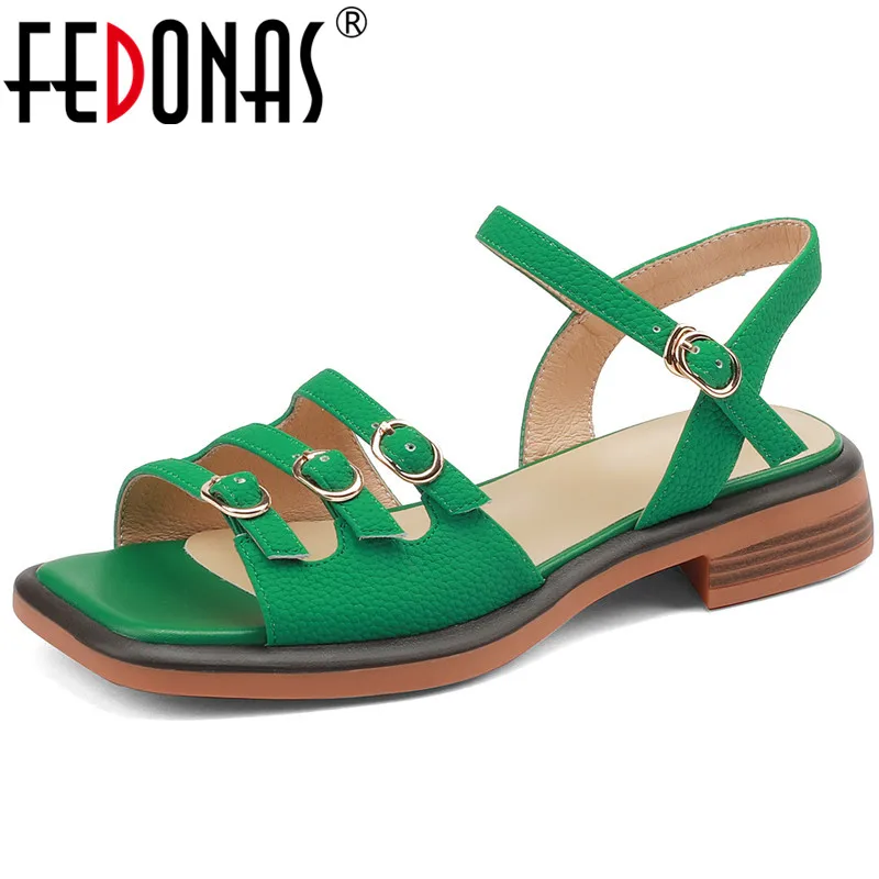 

FEDONAS Women Sandals 2022 Retro Style Peep Toe Pumps Buckle Genuine Leather Low Heels Summer Office Ladies Casual Shoes Woman