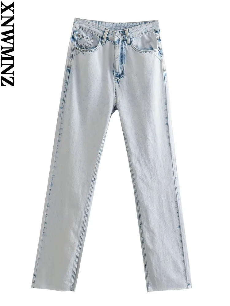 

XNWMNZ 2022 Women Fashion Faded High Waist Slim Flared Jeans Women's Retro Pocket Hem Slit Female Chic Jeans