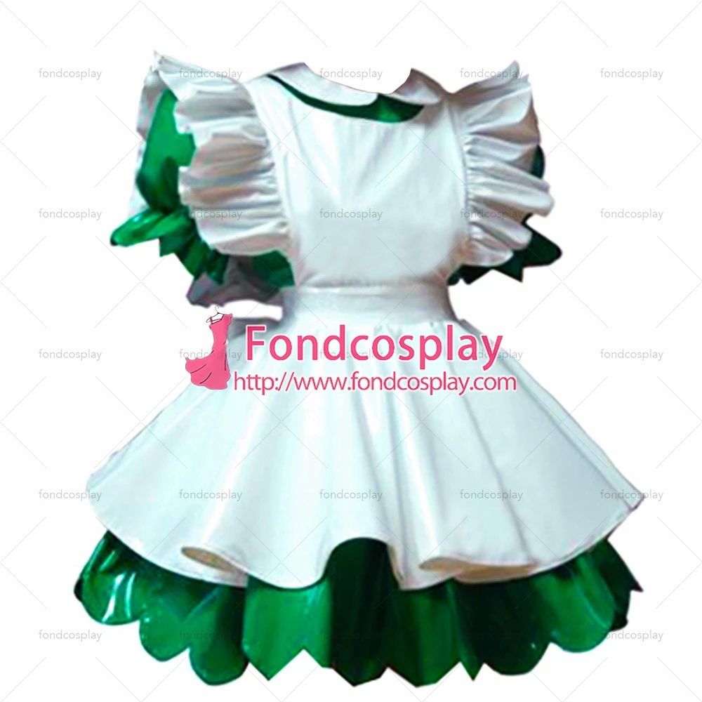 

adult cross dressing sissy maid lockable green thin PVC Dress vinyl white apron Peter pan collar Tailor-Made[G1632]