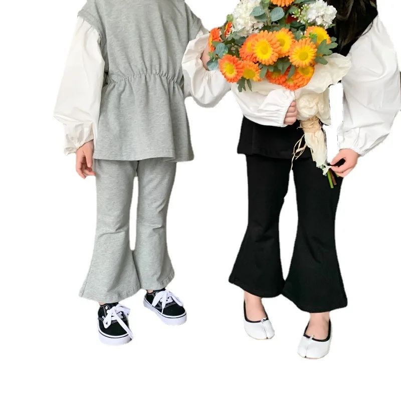 

Children Girl Pullover Top + Pants Clothing Suit 2022 Spring Autumn Baby Korean Flared Pants Suit Stitching Sleeve Suit