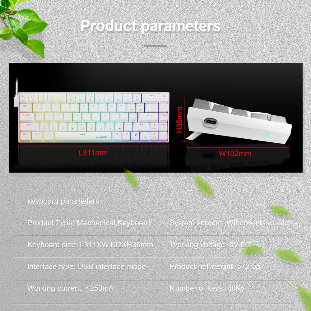Компактная тонкая Механическая Проводная игровая клавиатура E-YOOSO Z686 RGB USB 60% с красным переключателем, 68 клавишами, русский, бразильский, португальский стиль, для компьютера (art.: 3920c7fefdb45) - 3920c7fefdb45