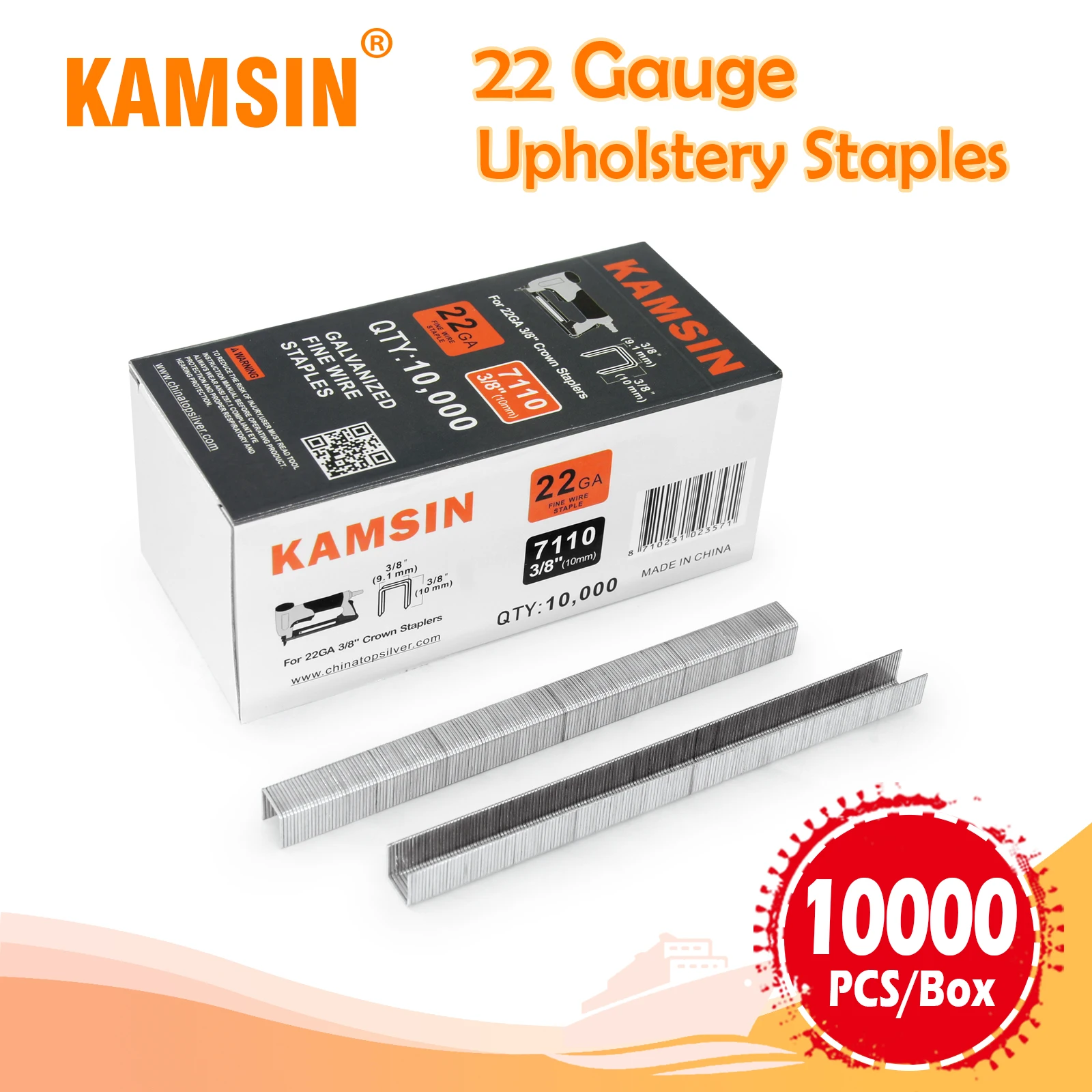 

KAMSIN 7110 22 Gauge 71 Series Galvanized Upholstery Staples, 9mm Crown 10mm Length, Fastener for Fine Wire Stapler,10000PCS/Box