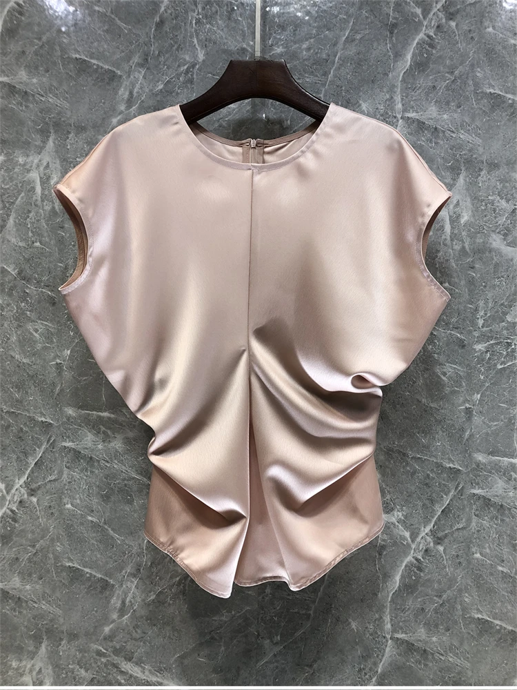 0 Clear 20% off Acetate Satin Ruched Waistcoat Shirt for Women European Goods Summer New Arrival Graceful Loose Tops j02