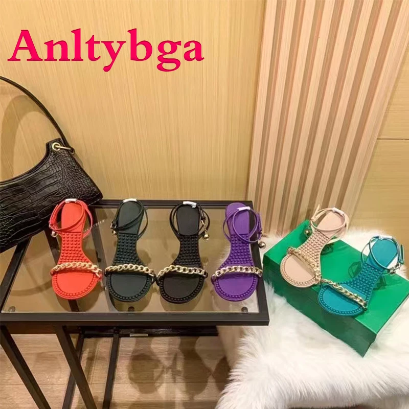 

European beauty shoes open toe high heels summer new chain small golden ball size French sandals women