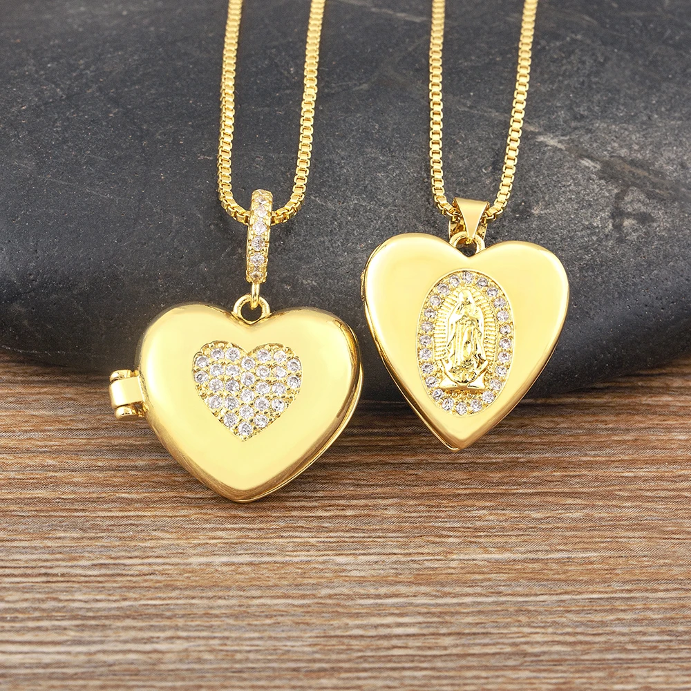 

Nidin Fashion Gold Plated Heart Shape Virgin Mary Openable Necklaces for Women Mom CZ Crystal Chain Choker Party Jewelry Gift