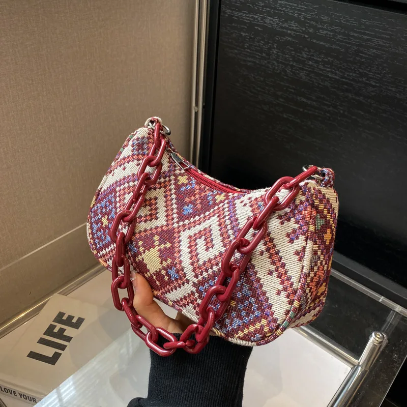 

2023 Fashion Vintage Women Shoulder Bags Canvas Ethnic Underarm Bag Casual Zipper Female Handbag Chain Large Capacity Square Bag