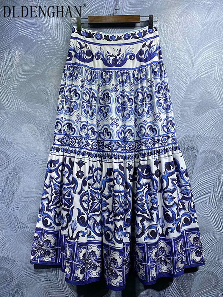 DLDENGHAN Women 100% Cotton Skirts Blue and White Porcelain Print High Waist Long Skirt Fashion Summer New