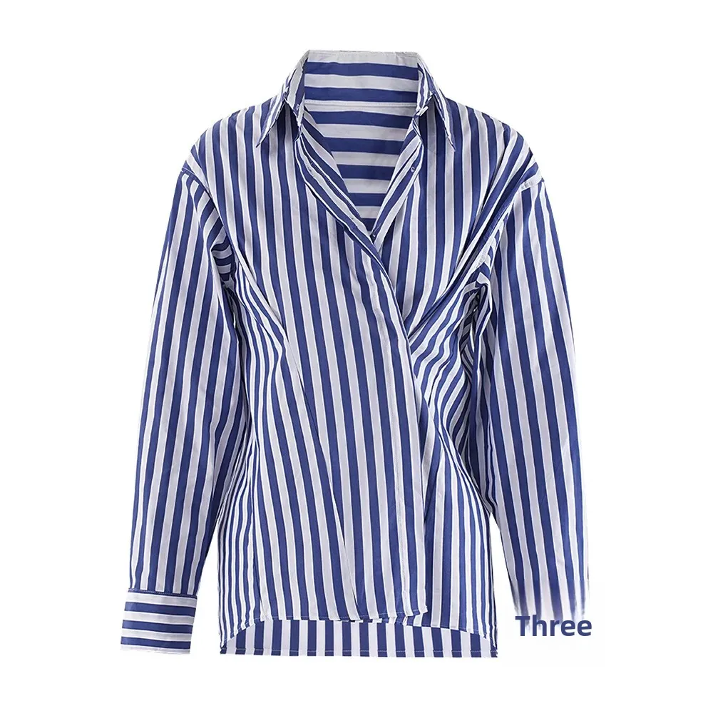 Fashionable Casual Long Sleeve Shirt Street Style Blue And White Striped Design Autumn New Arrival Women's Button-Up Top