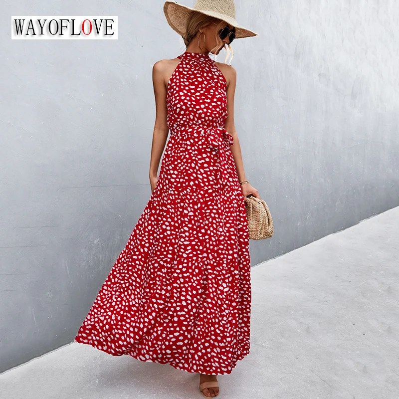 

WAYOFLOVE Summer Holiday Casual Red Long Dress Beach Sexy Neck-mounted Bandage Slim Dots Printing Vestidos Party Dresses Elegant