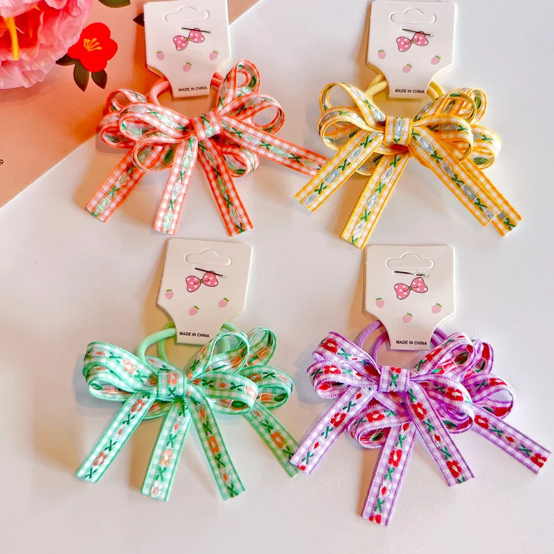 

2022 New 2PCS/Set Embroidered Flowers Fresh Color Bow Elastic Hair Band For Girl Children Kawaii Cute Rubber Ponytail Tie Gift
