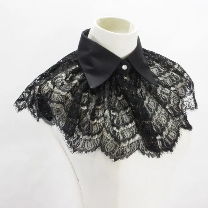 

Women Girls Vintage Black Crochet Floral Lace Fake Collar Pointed Lapel Detachable Half Shirt Shawl Sweet for Doll Trim T8NB