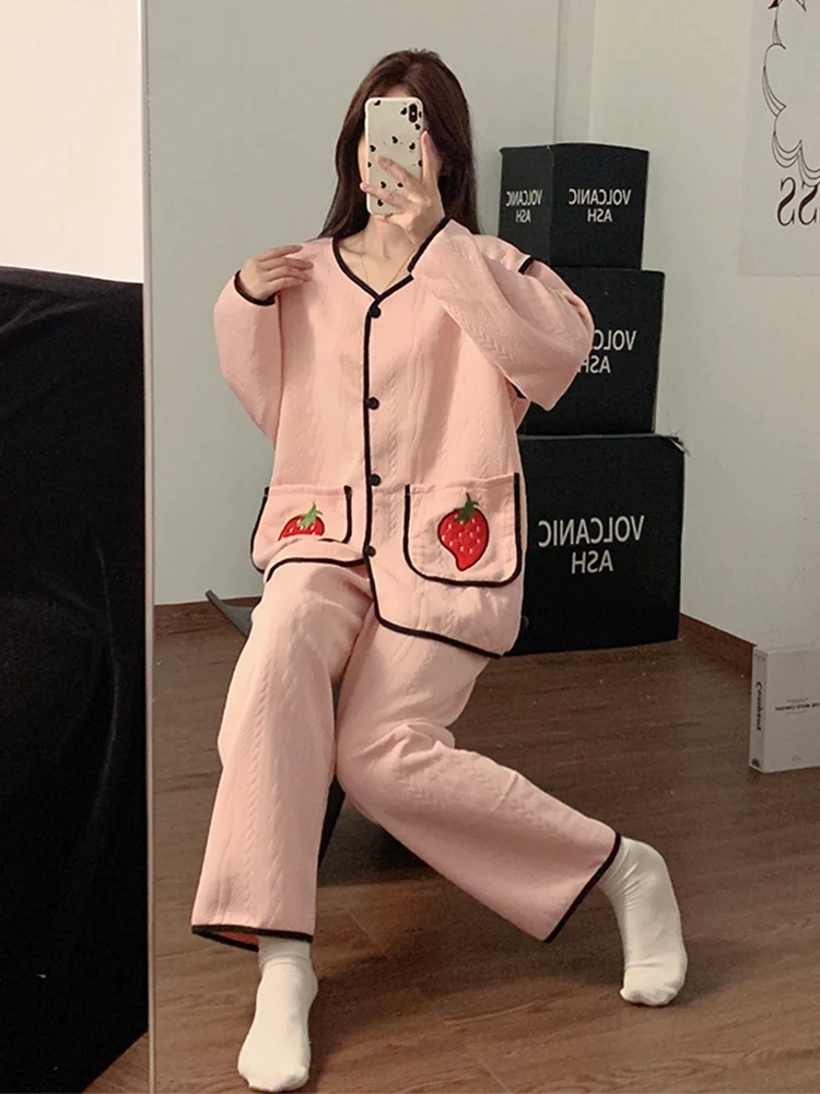 Пижамы женские весенне-осенние с длинными рукавами из чистого хлопка сэндвич 2024