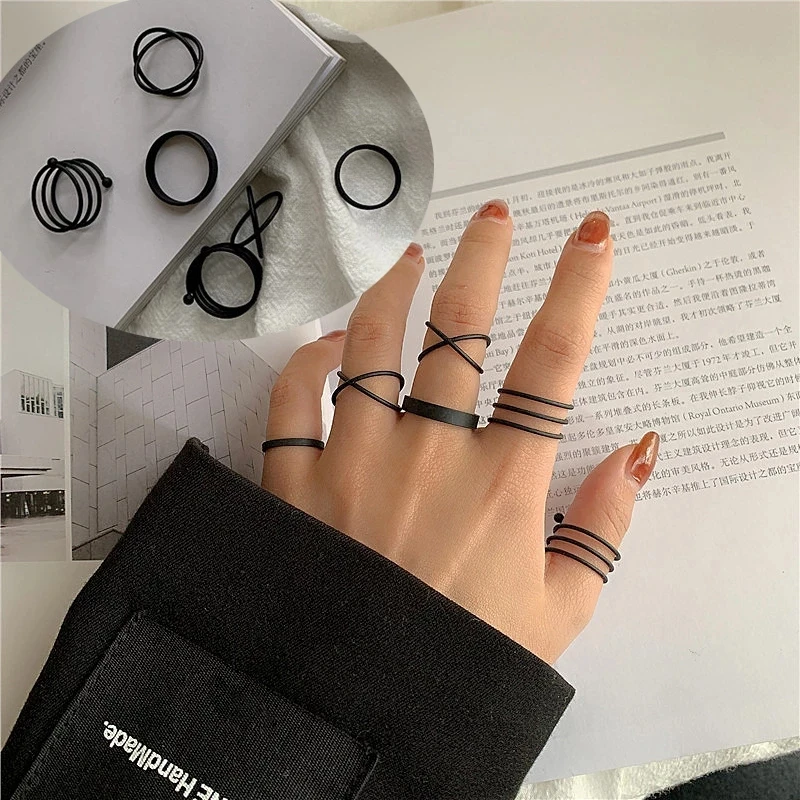 New Punk Finger Rings 6pcs/set Minimalist Smooth Gold/Black/Silver Geometric Metal Rings for Women Girls Party Jewelry