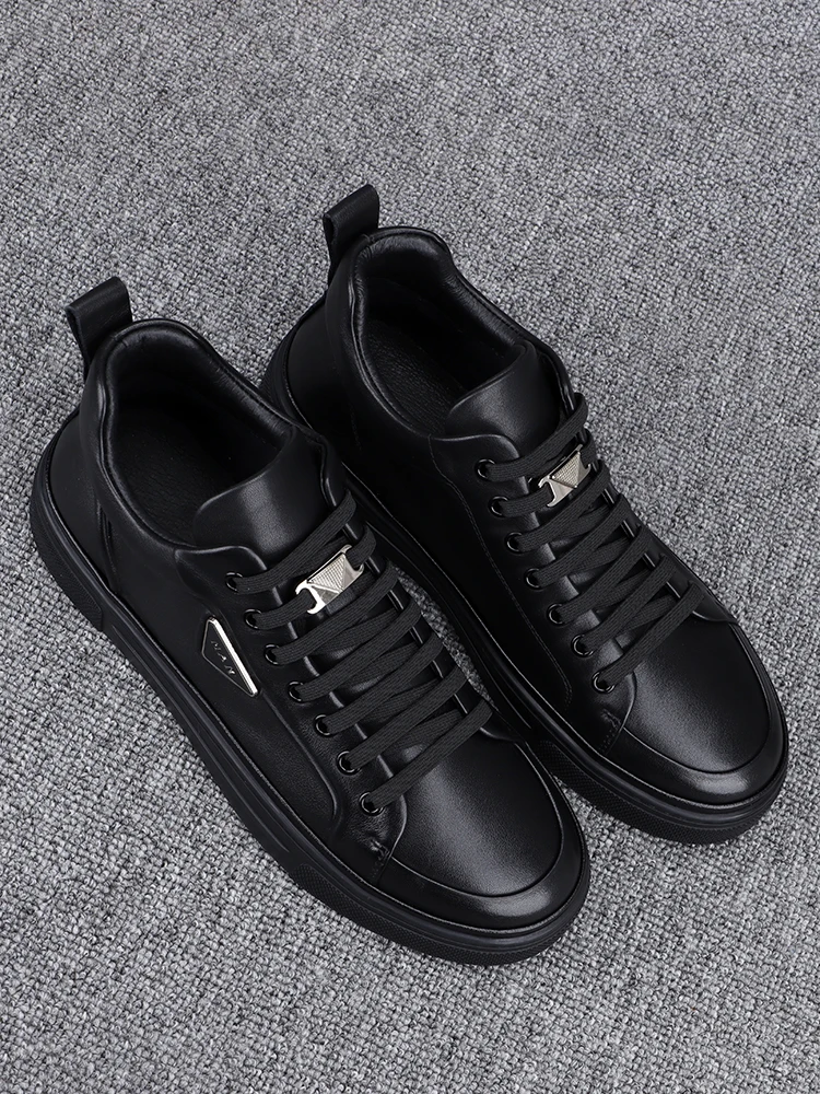 Winter High-top Shoes Men's 2024 New Genuine Leather Fleece-lined Warm Casual Slip-on Plain Versatile Board