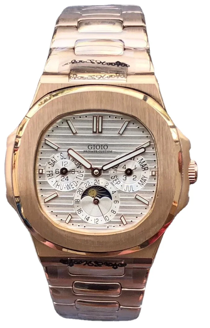 

Luxury Mens Automatic Mechanical Watch Stainless Steel Sapphire Rose Gold Moon Phase Black Blue Dial Dual Time