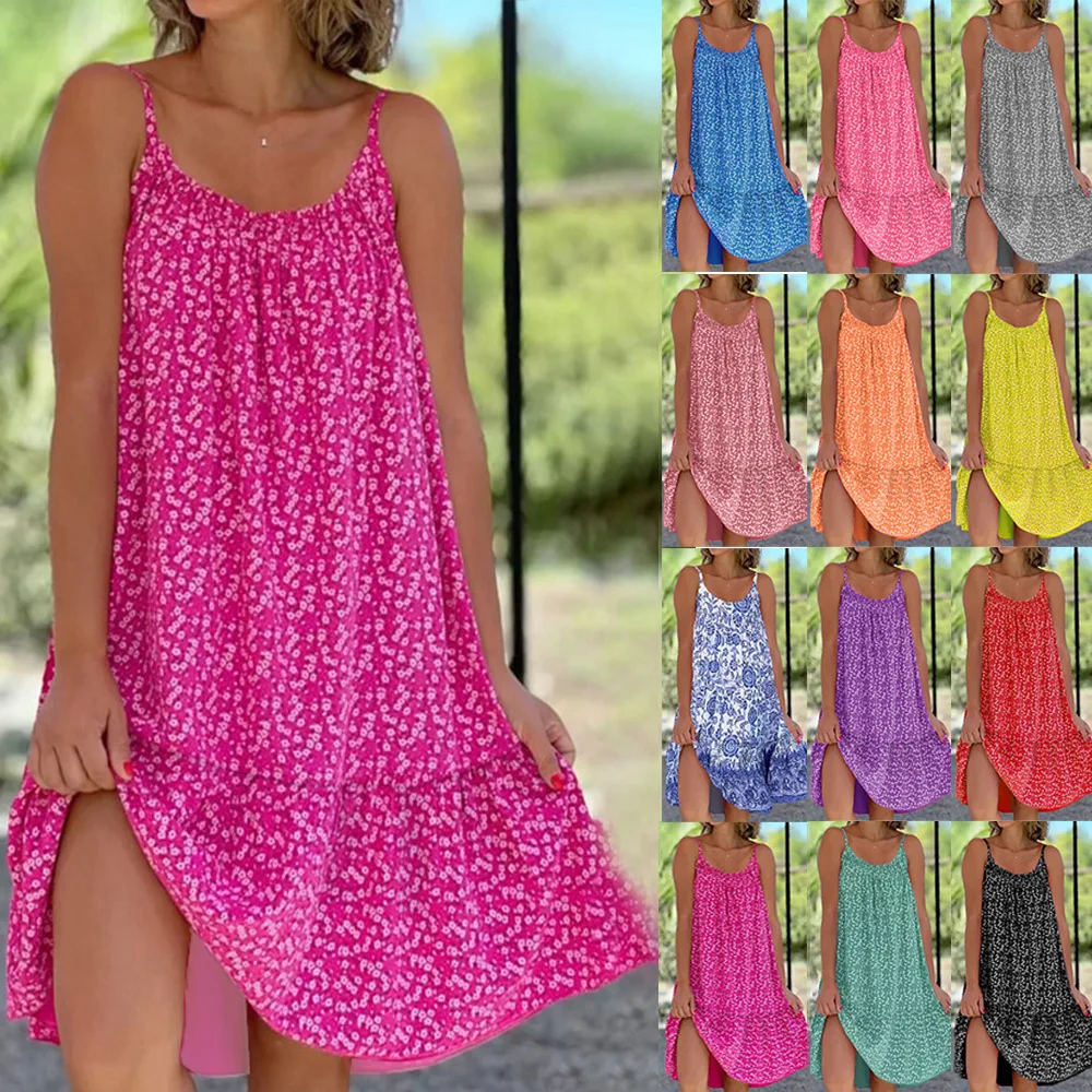 

Sling Wave-point Sling Loose Dress Mature Women Clothing Printed Beach Thin Knee-length Loose Dresses Oversize A-LINE Dress 2023