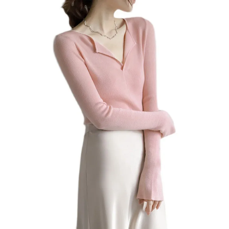Осень-зима 2024 новый женский свитер трикотаж с v-образным вырезом базовая рубашка