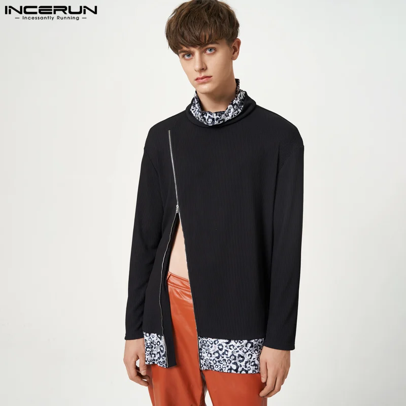 

Футболка INCERUN мужская с высоким воротником, трикотажная водолазка с длинным рукавом, на молнии, Повседневная Уличная одежда, 2022