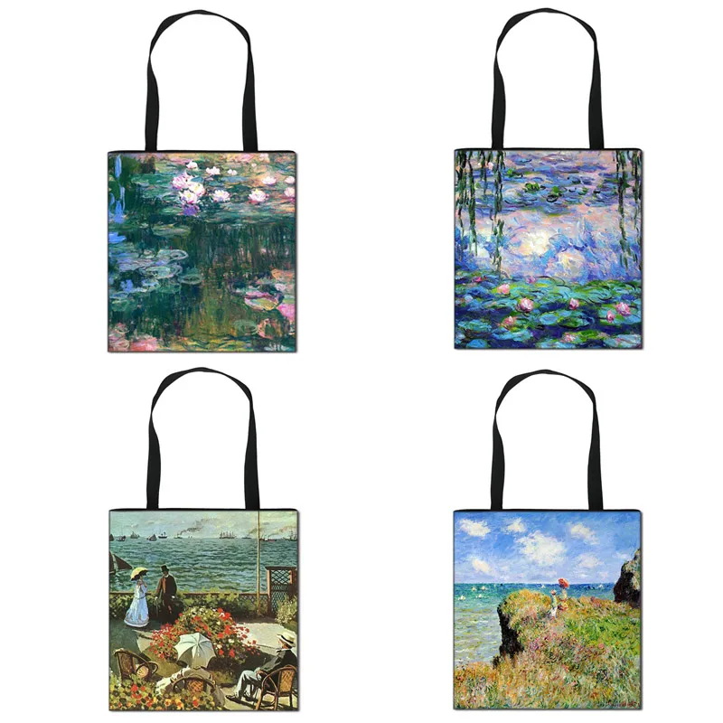 

Женская Холщовая Сумка-тоут Monet Lotus/водяная Лилия, винтажный холщовый саквояж на плечо, вместительный книжный портфель