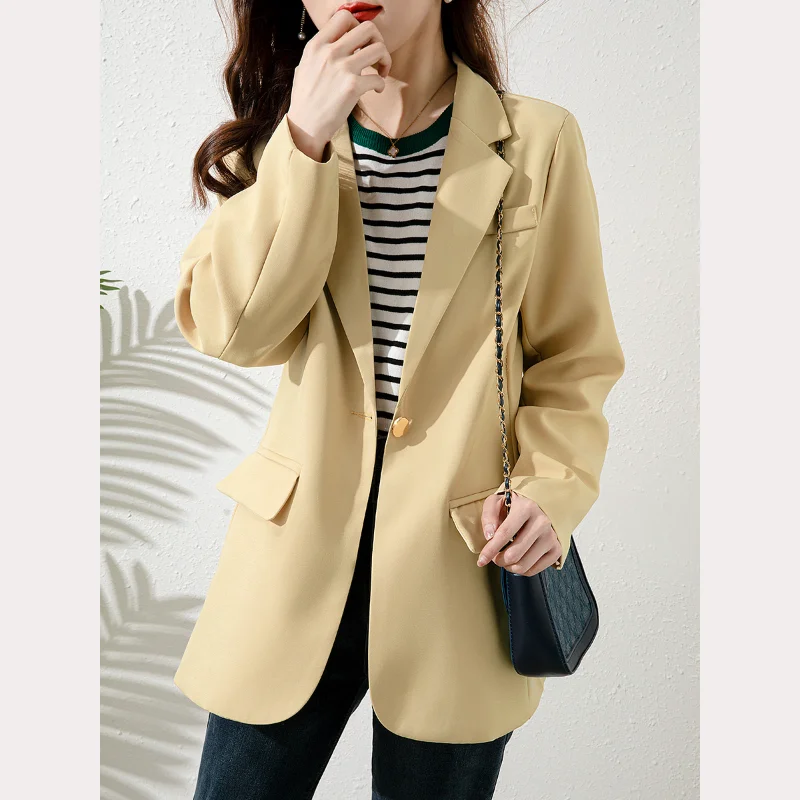 

UNXX Shoulder Pad Design Korean Suit Jacket Single Button Design Solid Loose Casual Blazer Office Lady Notched Collar Jackets