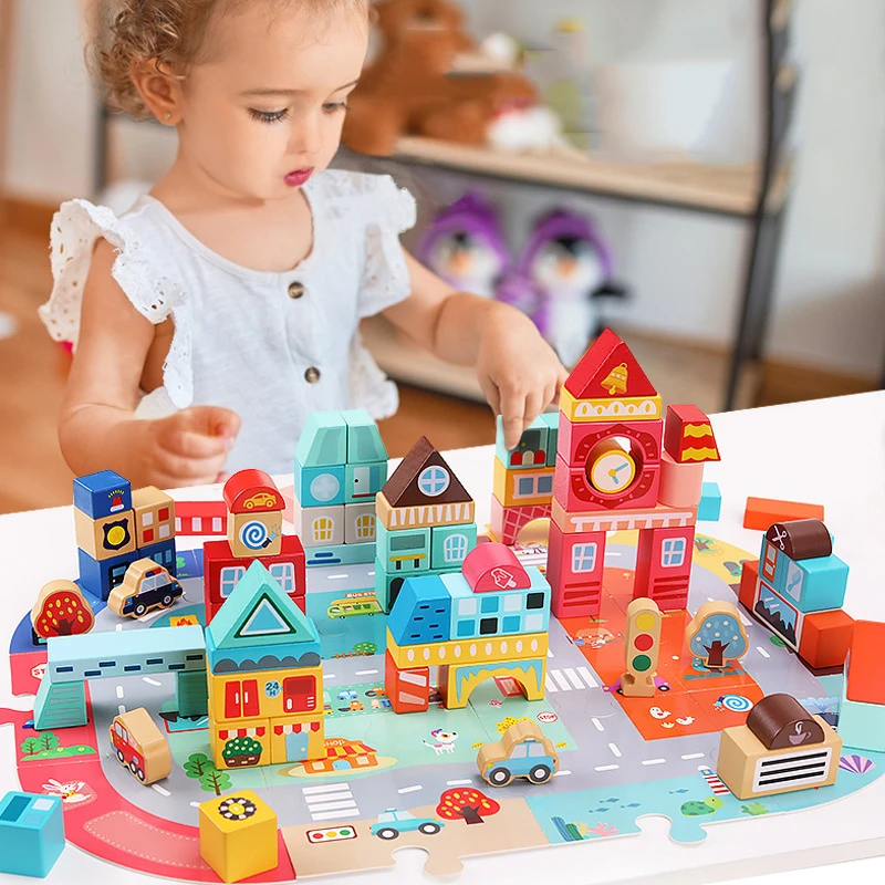 

Colour Wooden Toys City Traffic Scenes Geometric Shape Assembled Building Blocks Early Educational Toys For Kids