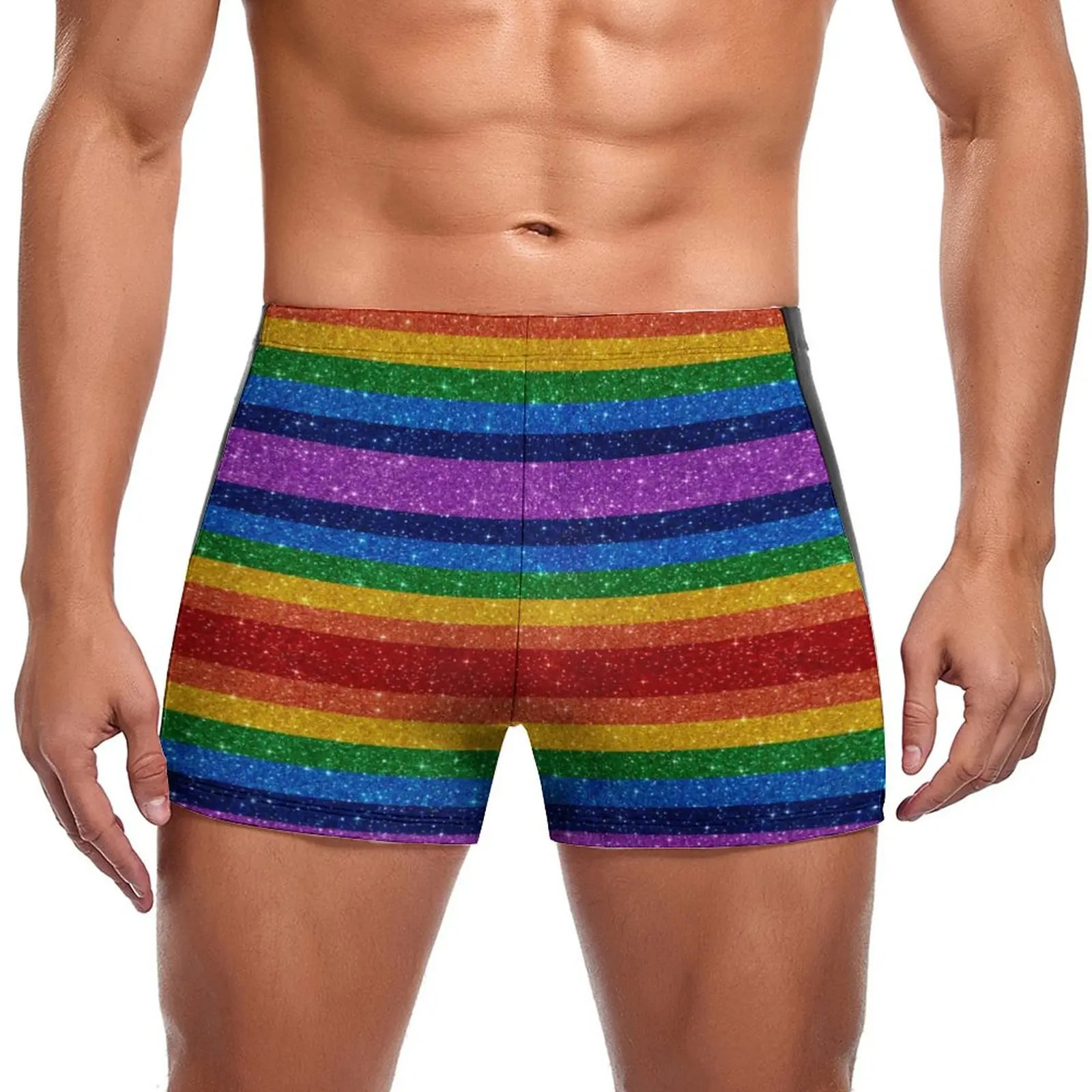 

Bling Me Up Rainbow Swimming Trunks Striped Pop Art Glitter Fashion Stay-in-Shape Swim Boxers Beach Large Size Men Swimsuit