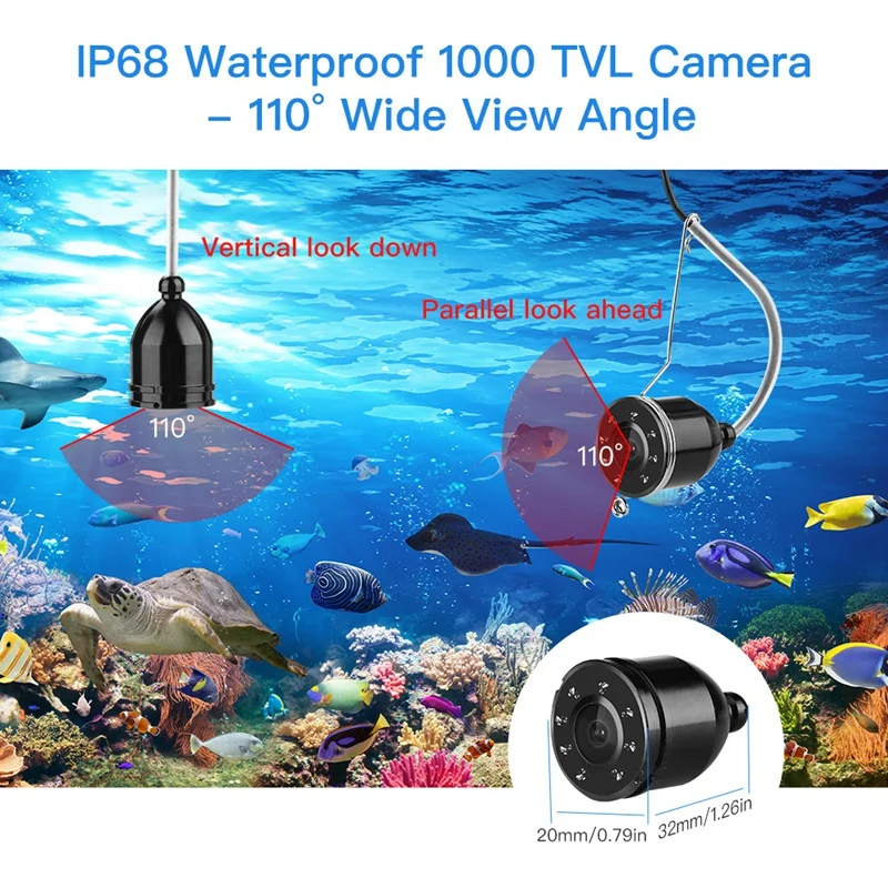 Подводная видеокамера ночного видения 4,3 дюйма Eyoyo 1000TVL с кабелем 20 м светильник 8 светодиодами, визуальный рыбопоисковый прибор с вилкой Ста...