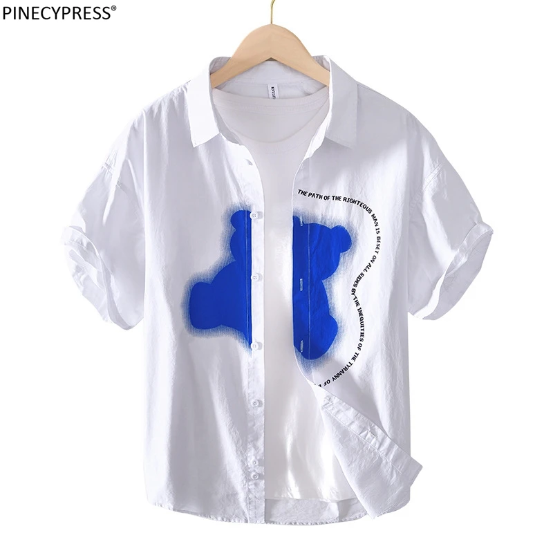 

100% Cotton Anti-static Anti-pilling Man Summer Casual Streetshirt Cartoon Short Sleeve Clothing Turn Down Collar Men Shirts