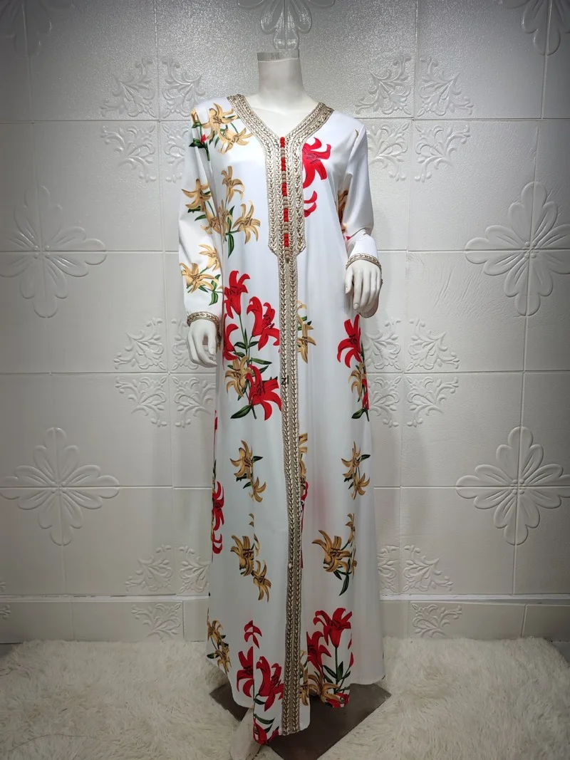 White Arabic Maxi Dresses For Women Abaya Dubai Turkey Islam Kaftan Muslim Hijab Dress Robe Longue  Djellaba Femme Musulmane