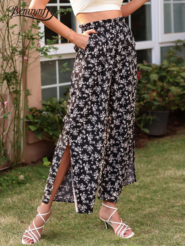 

Benuynffy Paperbag Waist Ditsy Floral Split Pants Women Summer Holiday Boho Print Casual Wide Leg Pants Female With Pockets