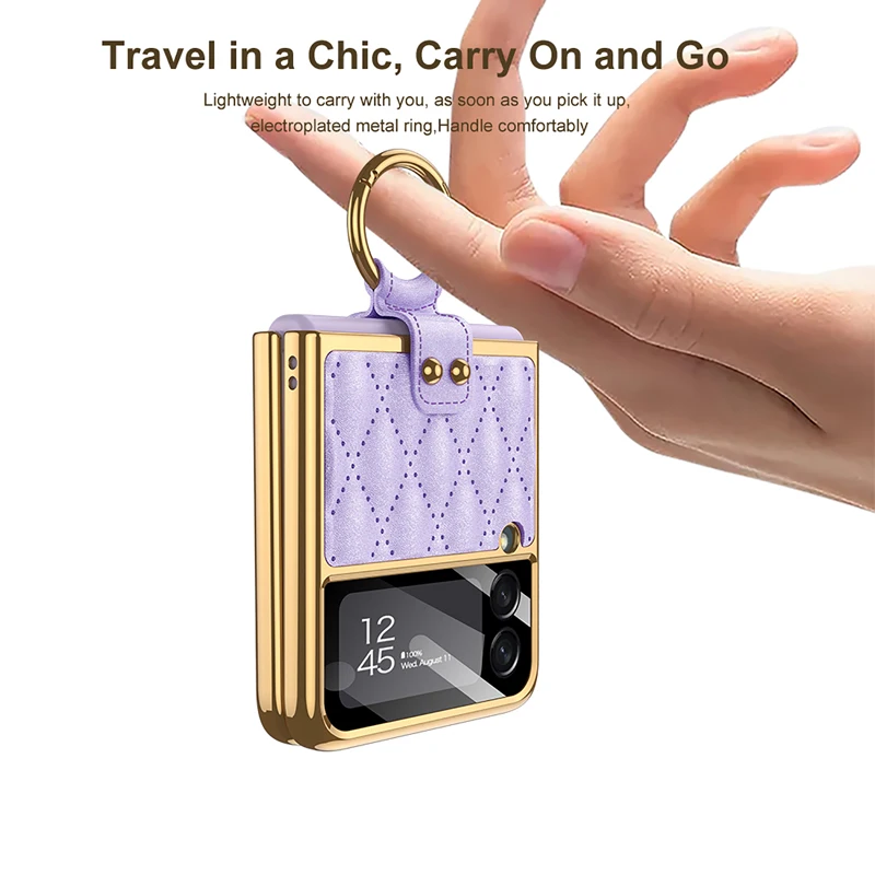 Case for Samsung Galaxy Z Flip4 Flip3 Plain Leather Folding Phone Case with Ring Stand All-Inclusive Z Flip3 4 Protective Cover