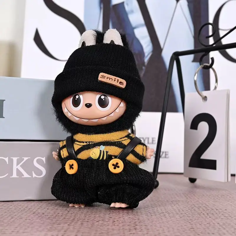 Фото Мини-набор одежды Labubu Bumblebee 4-го поколения для виниловой куклы-брелока, милый желтый, черный полосатый костюм с аксессуарами для крыльев №2