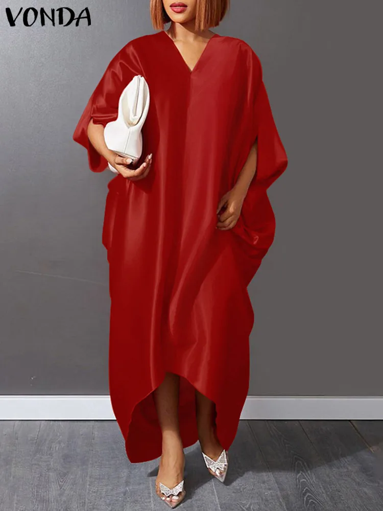 Plus Size 5XL VONDA 2023 Women Satin Dress Summer Sexy Irregular Long Sundress Half Sleeve Casual Loose Solid V Neck Robe