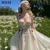 jeheth light champagne square neck pastrol tulle prom dresses sexy 3d flowers straps tea length party prom gowns women vestido